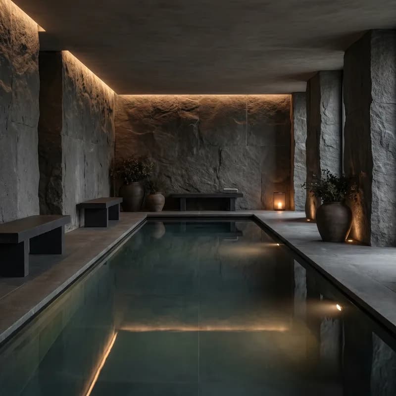 Secluded stone wellness sanctuary with a still, reflective pool